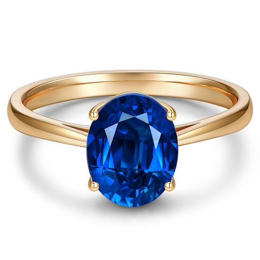 gon- Lab-Grown Oval Brilliant Cut Blue Sapphire - Solitaire Classic Engagement Ring 14K Yellow Gold Plated (Includes GRC Certification from International Gemological Institute)