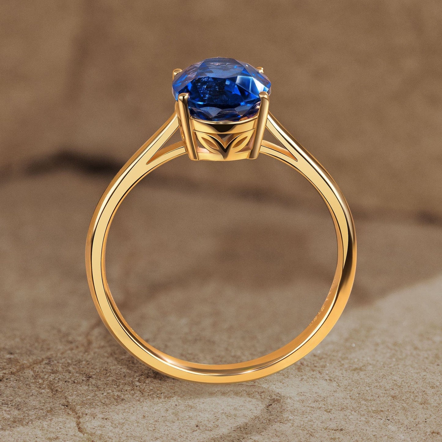 Lab-Grown Oval Brilliant Cut Blue Sapphire - Solitaire Classic Engagement Ring 14K Yellow Gold Plated