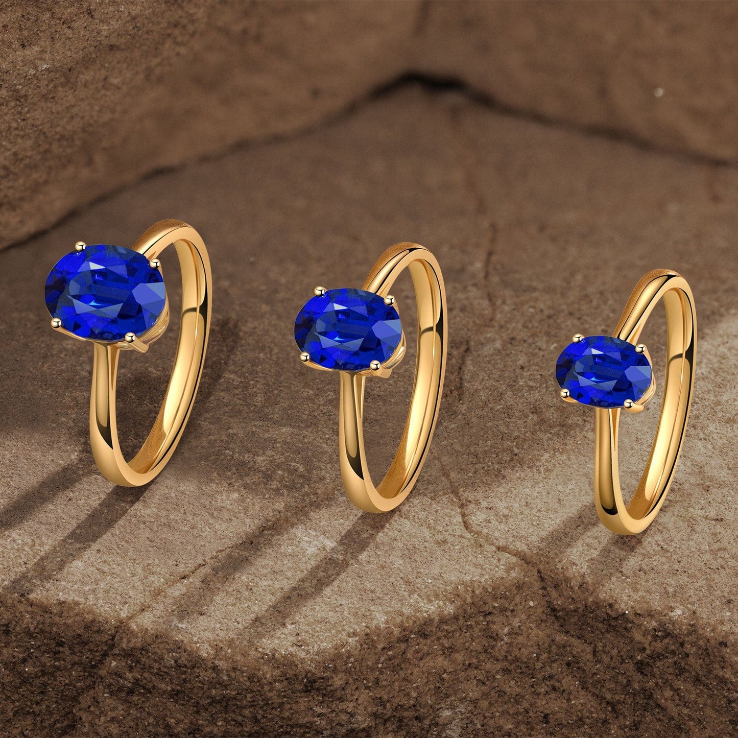 Lab-Grown Oval Brilliant Cut Blue Sapphire - Solitaire Classic Engagement Ring 14K Yellow Gold Plated