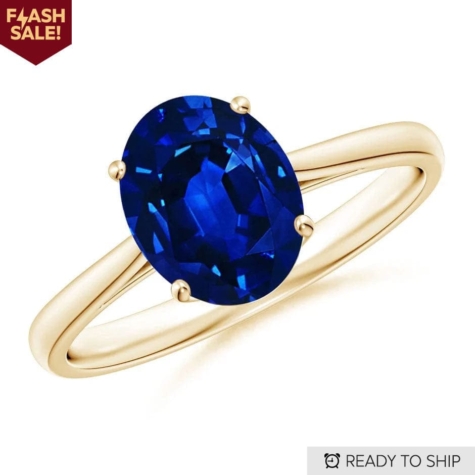 Lab-Grown Oval Brilliant Cut Blue Sapphire - Solitaire Classic Engagement Ring 14K Yellow Gold Plated