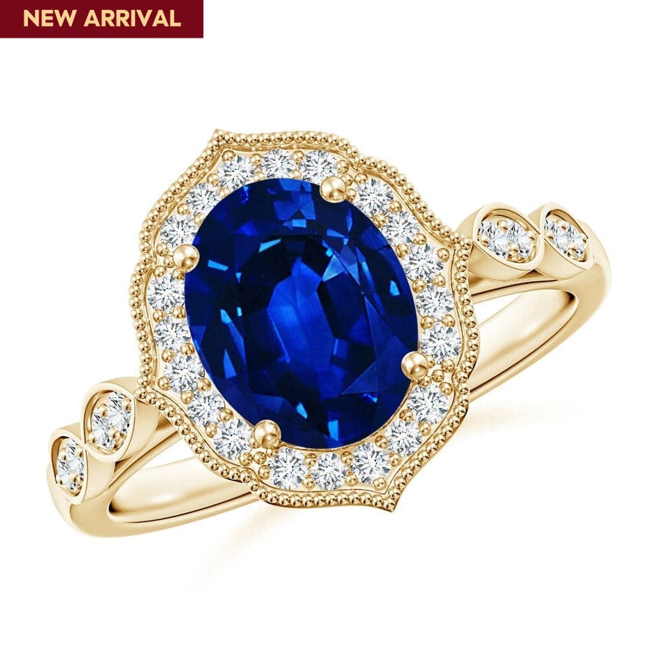 Lab-Grown Oval Brilliant Cut Blue Sapphire - Halo Classic Engagement Ring 14K Yellow Gold Plated