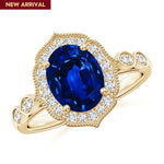 Lab-Grown Oval Brilliant Cut Blue Sapphire - Halo Classic Engagement Ring 14K Yellow Gold Plated