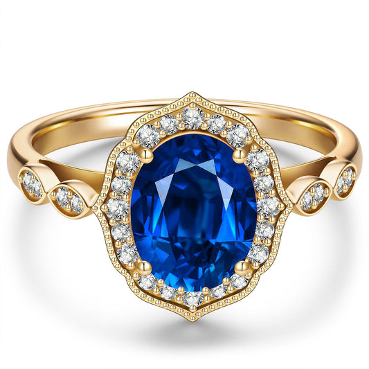 gon- Lab-Grown Oval Brilliant Cut Blue Sapphire - Halo Classic Engagement Ring 14K Yellow Gold Plated (Includes GRC Certification from International Gemological Institute)