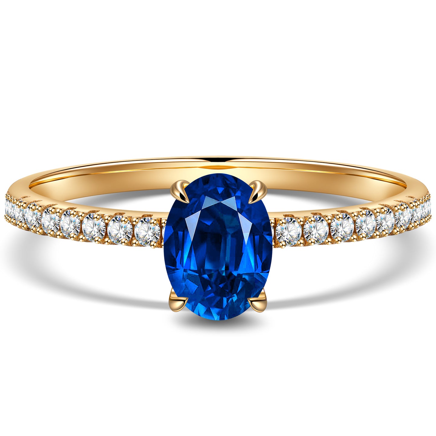 Lab-Grown Oval Brilliant Cut Blue Sapphire - Pave Classic Engagement Ring 14K Yellow Gold Plated (Includes GRC Certification from International Gemological Institute)