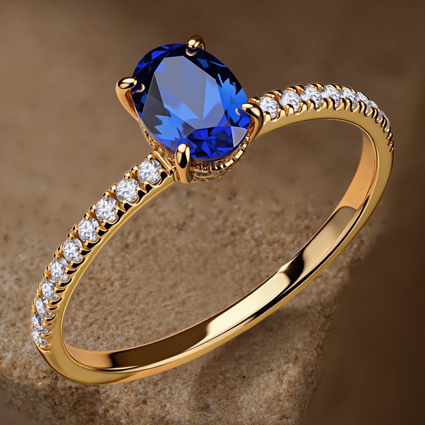 Lab-Grown Oval Brilliant Cut Blue Sapphire - Pave Classic Engagement Ring 14K Yellow Gold Plated (Includes GRC Certification from International Gemological Institute)