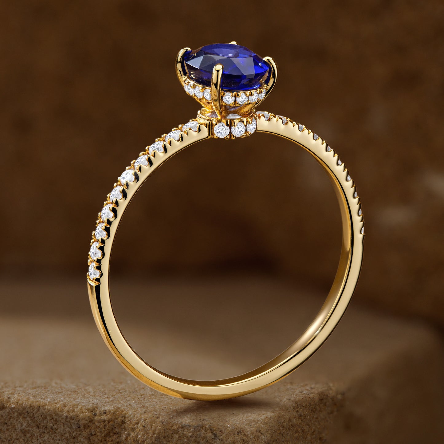 Lab-Grown Oval Brilliant Cut Blue Sapphire - Pave Classic Engagement Ring 14K Yellow Gold Plated (Includes GRC Certification from International Gemological Institute)