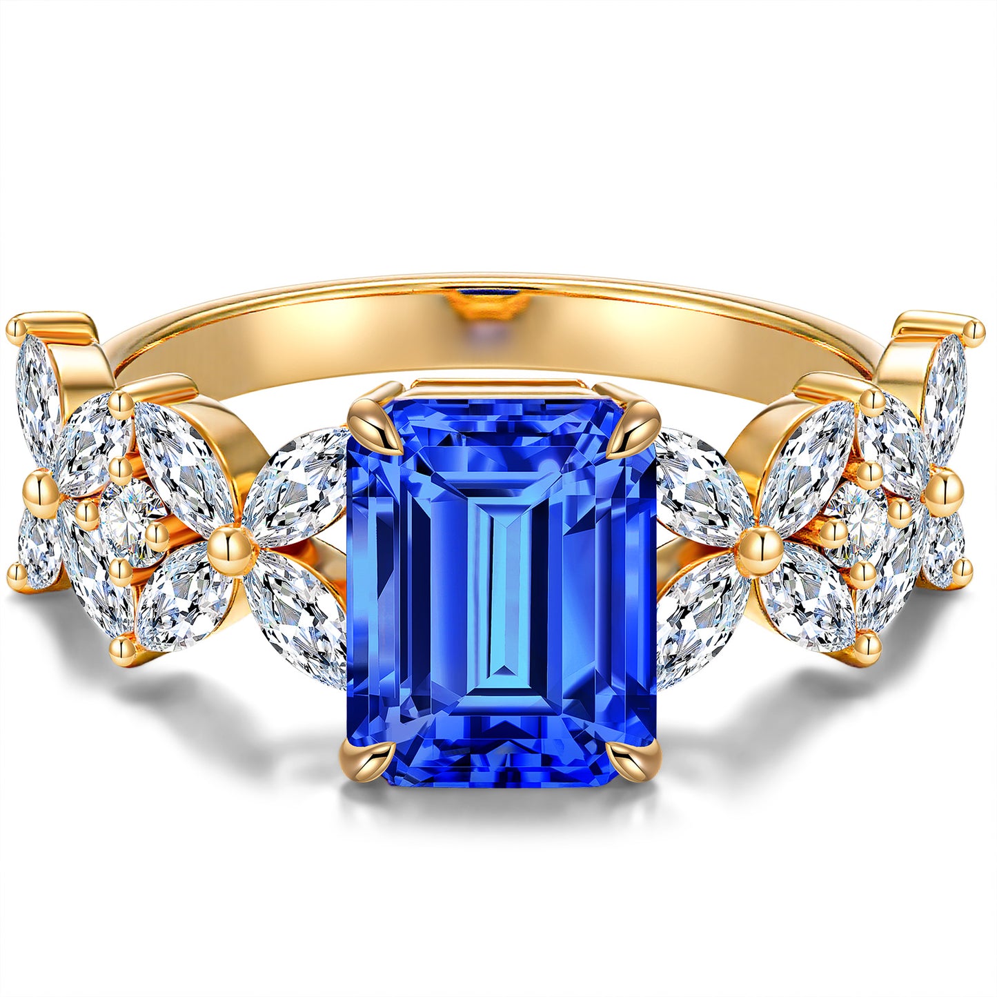 Lab-Grown Emerald-Cut Blue Sapphire - Pave Classic Engagement Ring 14K Yellow Gold Plated (Includes GRC Certification from International Gemological Institute)