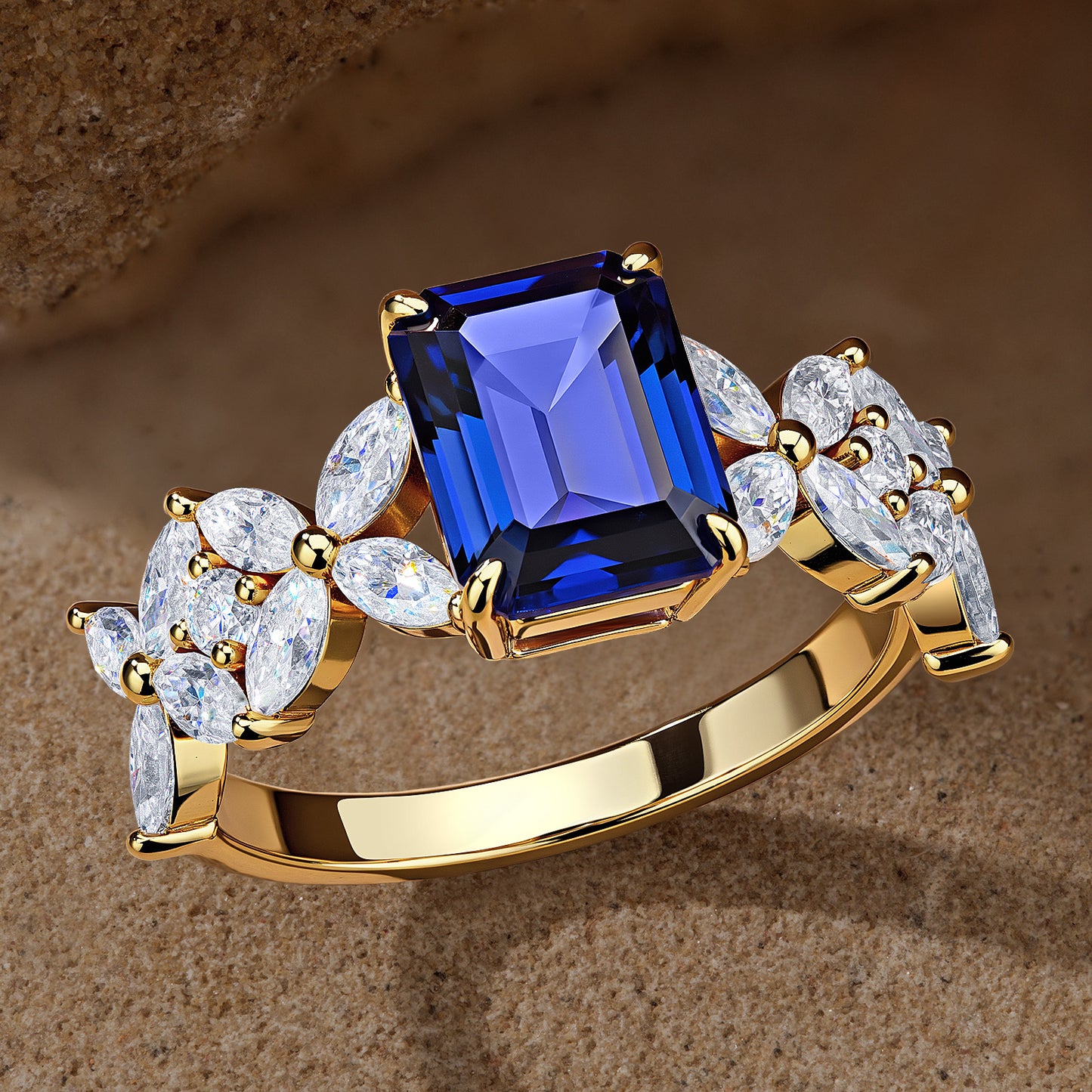 Lab-Grown Emerald-Cut Blue Sapphire - Pave Classic Engagement Ring 14K Yellow Gold Plated (Includes GRC Certification from International Gemological Institute)