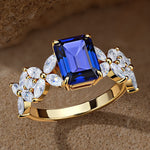 Lab-Grown Emerald-Cut Blue Sapphire - Pave Classic Engagement Ring 14K Yellow Gold Plated (Includes GRC Certification from International Gemological Institute)