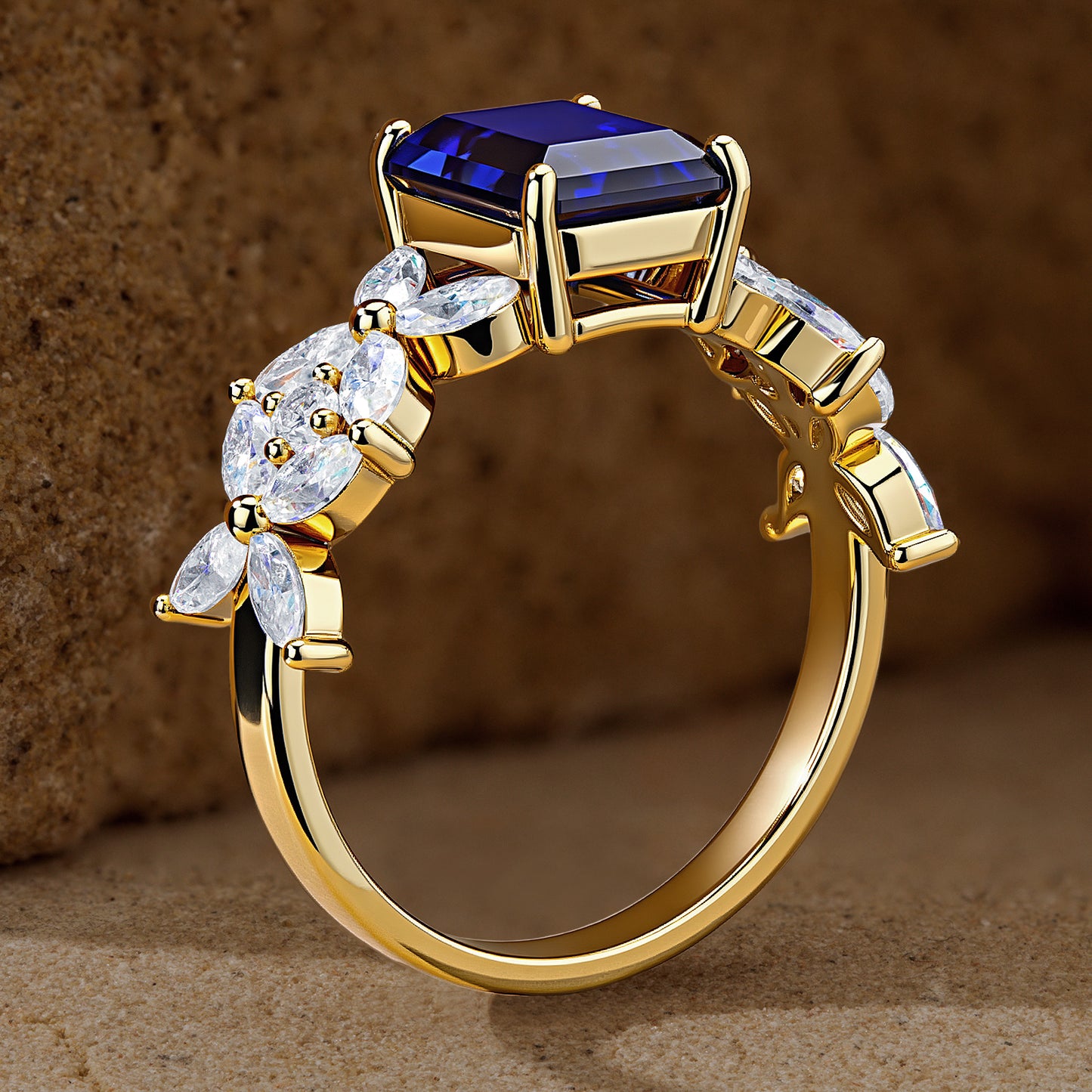 Lab-Grown Emerald-Cut Blue Sapphire - Pave Classic Engagement Ring 14K Yellow Gold Plated (Includes GRC Certification from International Gemological Institute)