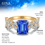 Emerald-Cut Royal Blue Hue Lab-Certified Blue Sapphire - Pave Classic Engagement Ring 14K Yellow Gold Plated (Includes GRC Certification from Gemstone Research Center)