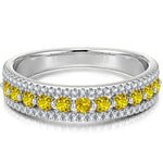 Round Brilliant Cut Fancy Vivid Yellow Lab-Certified Yellow Sapphire - Half Eternity Ring White Gold Plated (Includes GRC Certification from Gemstone Research Center)