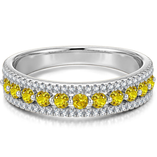 gona- Round Brilliant Cut Fancy Vivid Yellow Lab-Certified Yellow Sapphire - Half Eternity Ring White Gold Plated (Includes GRC Certification from Gemstone Research Center)