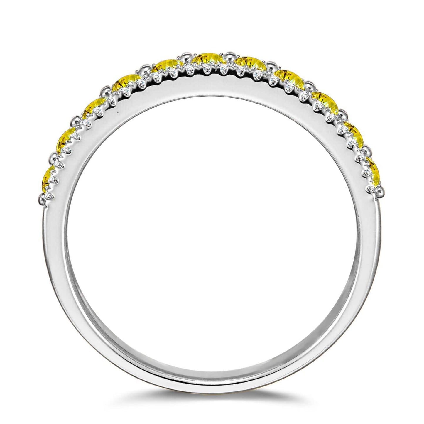 Round Brilliant Cut Fancy Vivid Yellow Lab-Certified Yellow Sapphire - Half Eternity Ring White Gold Plated (Includes GRC Certification from Gemstone Research Center)