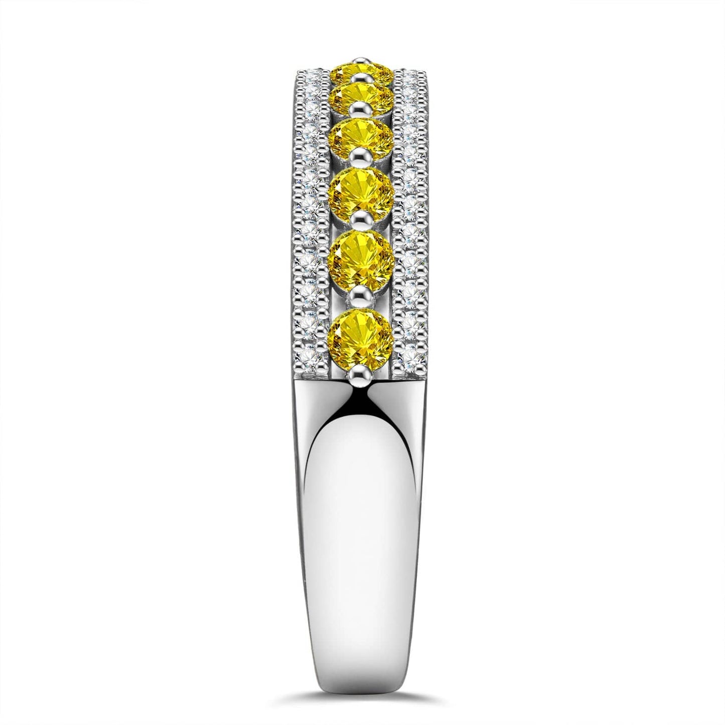 Round Brilliant Cut Fancy Vivid Yellow Lab-Certified Yellow Sapphire - Half Eternity Ring White Gold Plated (Includes GRC Certification from Gemstone Research Center)