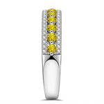 Round Brilliant Cut Fancy Vivid Yellow Lab-Certified Yellow Sapphire - Half Eternity Ring White Gold Plated (Includes GRC Certification from Gemstone Research Center)