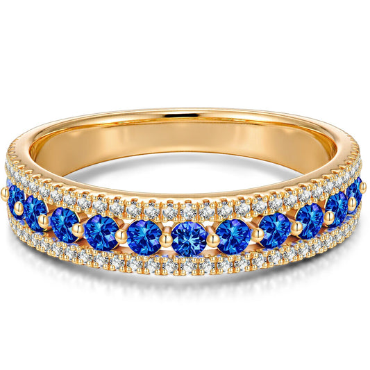 gona- Round Brilliant Cut Royal Blue Hue Lab-Certified Blue Sapphire - Half Eternity Ring 14K Yellow Gold Plated (Includes GRC Certification from Gemstone Research Center)
