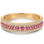 Round Brilliant Cut Fancy Vivid Rose Lab-Certified Pink Sapphire - Half Eternity Ring 14K Yellow Gold Plated (Includes GRC Certification from Gemstone Research Center)