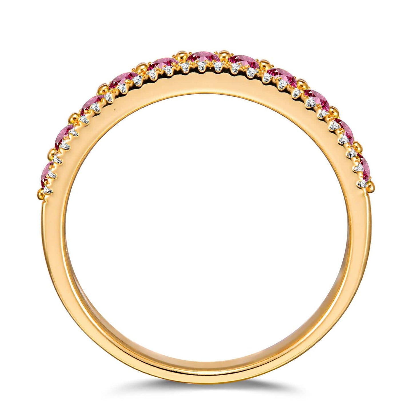 Round Brilliant Cut Fancy Vivid Rose Lab-Certified Pink Sapphire - Half Eternity Ring 14K Yellow Gold Plated (Includes GRC Certification from Gemstone Research Center)