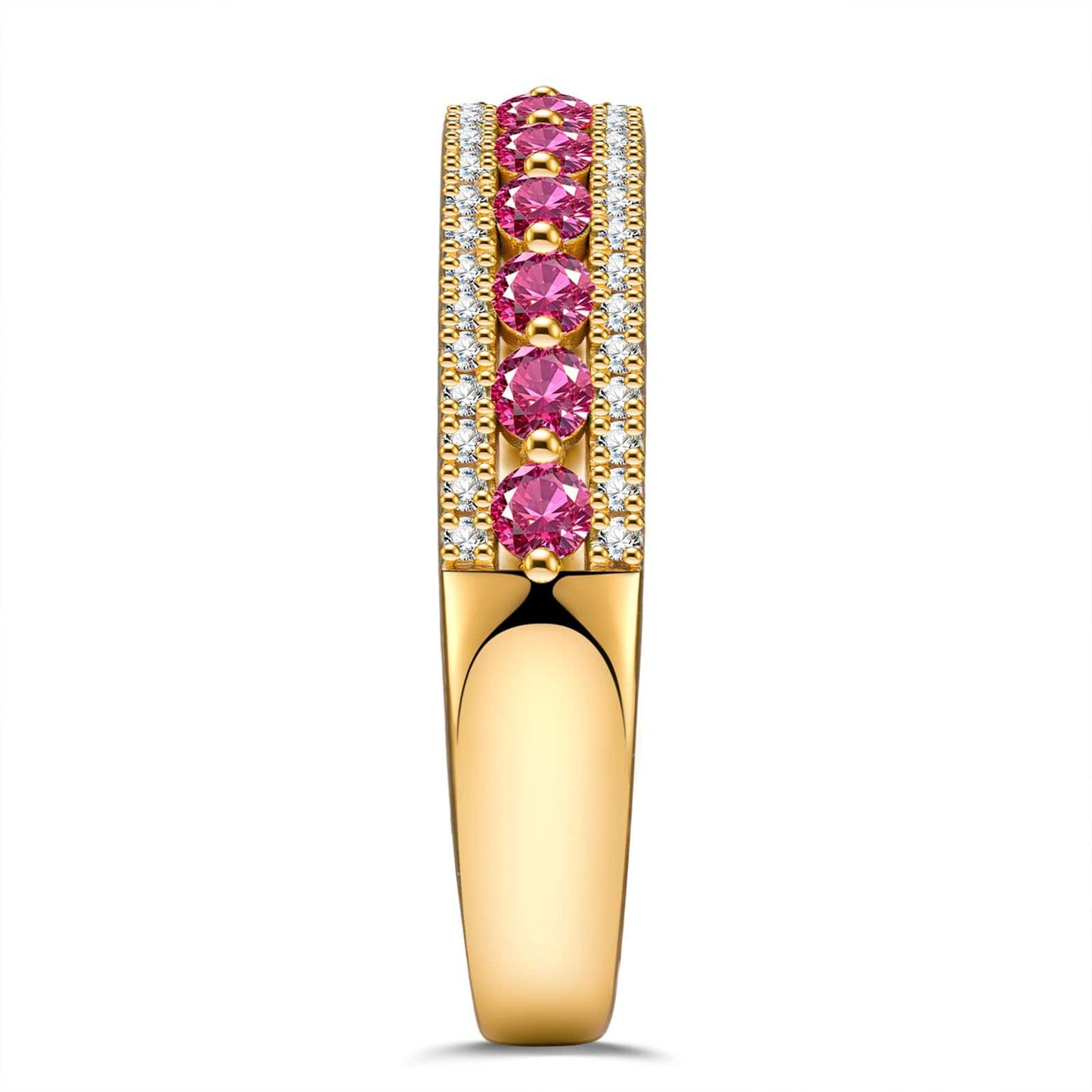 Round Brilliant Cut Fancy Vivid Rose Lab-Certified Pink Sapphire - Half Eternity Ring 14K Yellow Gold Plated (Includes GRC Certification from Gemstone Research Center)
