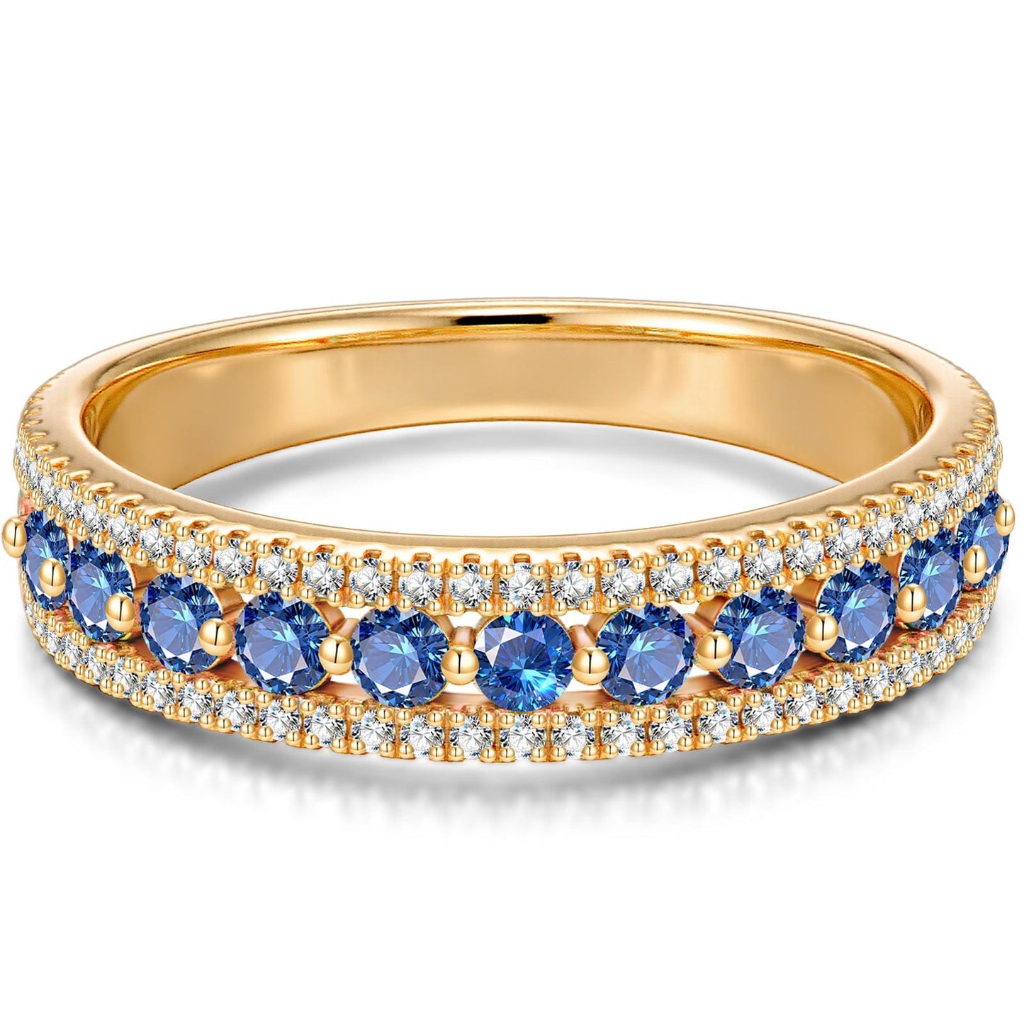 Round Brilliant Cut Royal Blue Lab-Certified Blue Sapphire - Half Eternity Ring 14K Yellow Gold Plated (Includes GRC Certification from Gemstone Research Center)
