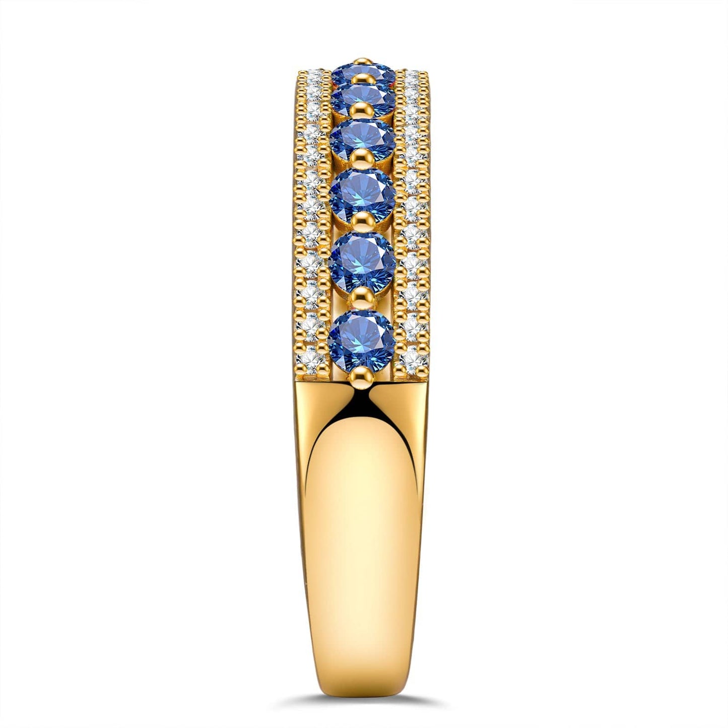 Round Brilliant Cut Royal Blue Lab-Certified Blue Sapphire - Half Eternity Ring 14K Yellow Gold Plated (Includes GRC Certification from Gemstone Research Center)