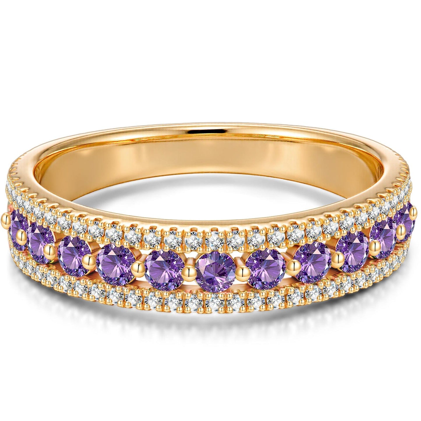 Round Brilliant Cut Fancy Vivid Violet Hue Lab-Certified Purple Sapphire - Half Eternity Ring 14K Yellow Gold Plated (Includes GRC Certification from Gemstone Research Center)