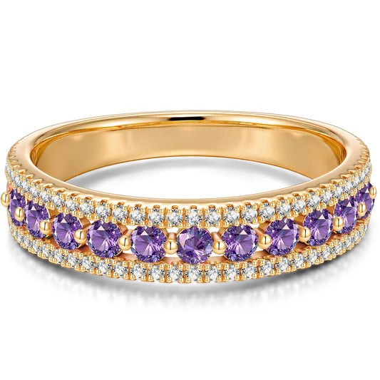 gona- Round Brilliant Cut Fancy Vivid Violet Hue Lab-Certified Purple Sapphire - Half Eternity Ring 14K Yellow Gold Plated (Includes GRC Certification from Gemstone Research Center)