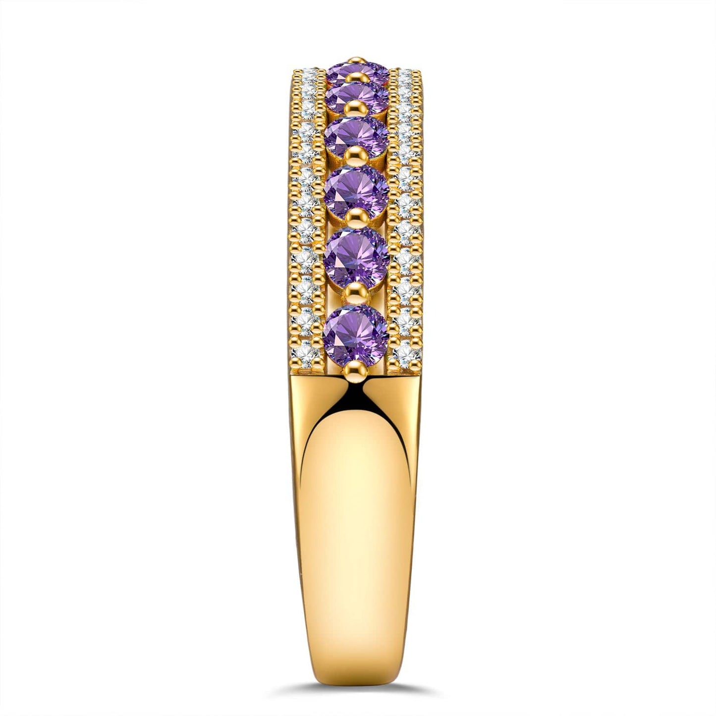 Round Brilliant Cut Fancy Vivid Violet Hue Lab-Certified Purple Sapphire - Half Eternity Ring 14K Yellow Gold Plated (Includes GRC Certification from Gemstone Research Center)