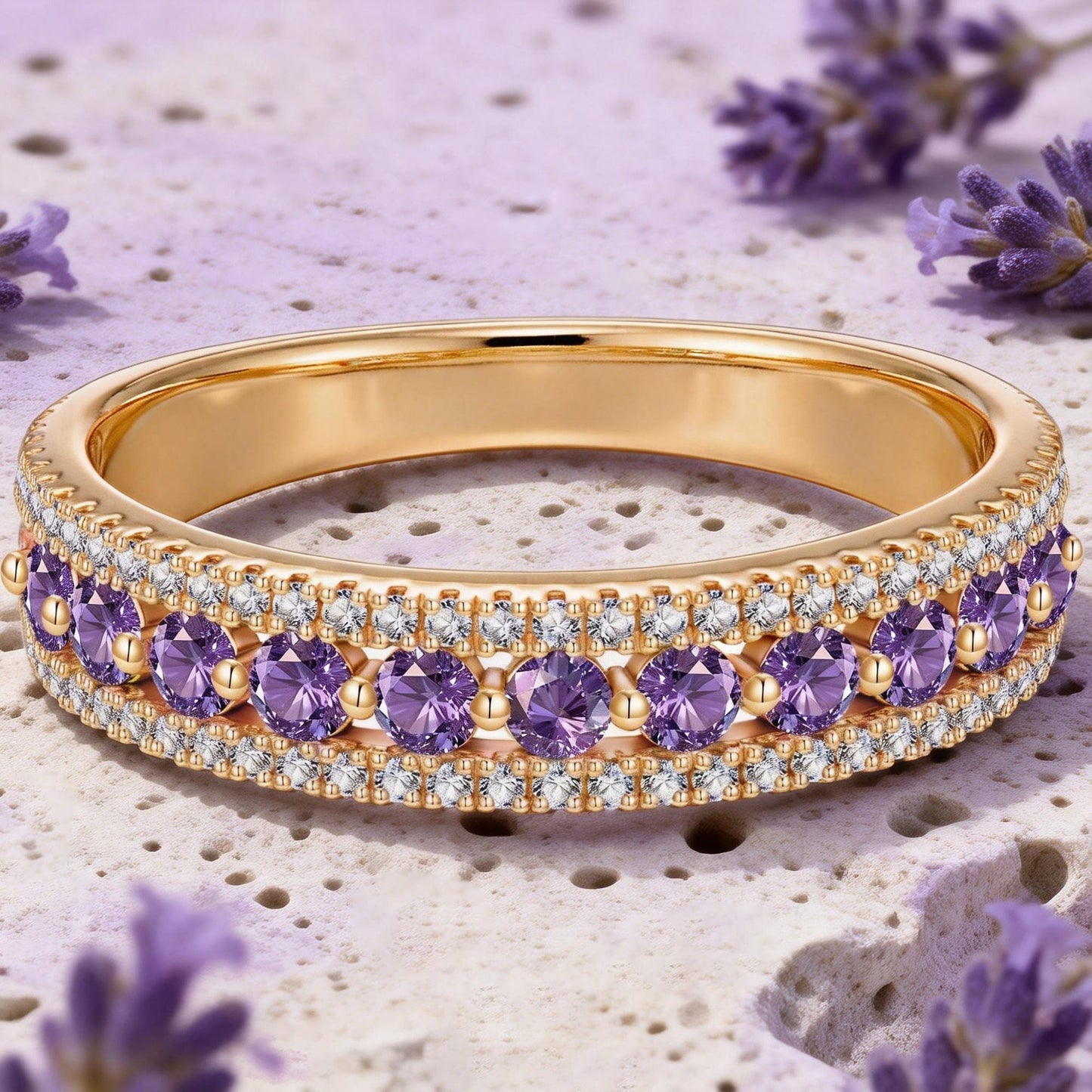 Round Brilliant Cut Fancy Vivid Violet Hue Lab-Certified Purple Sapphire - Half Eternity Ring 14K Yellow Gold Plated (Includes GRC Certification from Gemstone Research Center)