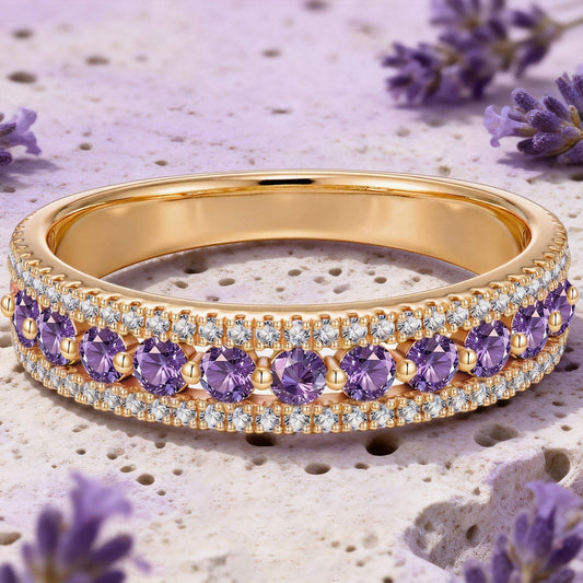 gona- Round Brilliant Cut Fancy Vivid Violet Hue Lab-Certified Purple Sapphire - Half Eternity Ring 14K Yellow Gold Plated (Includes GRC Certification from Gemstone Research Center)