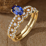 Lab-Grown Oval Brilliant Cut Blue Sapphire - Classic Stackable Ring Sets 14K Yellow Gold Plated (Includes GRC Certification from International Gemological Institute)