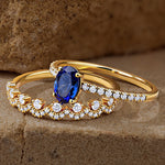 Lab-Grown Oval Brilliant Cut Blue Sapphire - Classic Stackable Ring Sets 14K Yellow Gold Plated (Includes GRC Certification from International Gemological Institute)