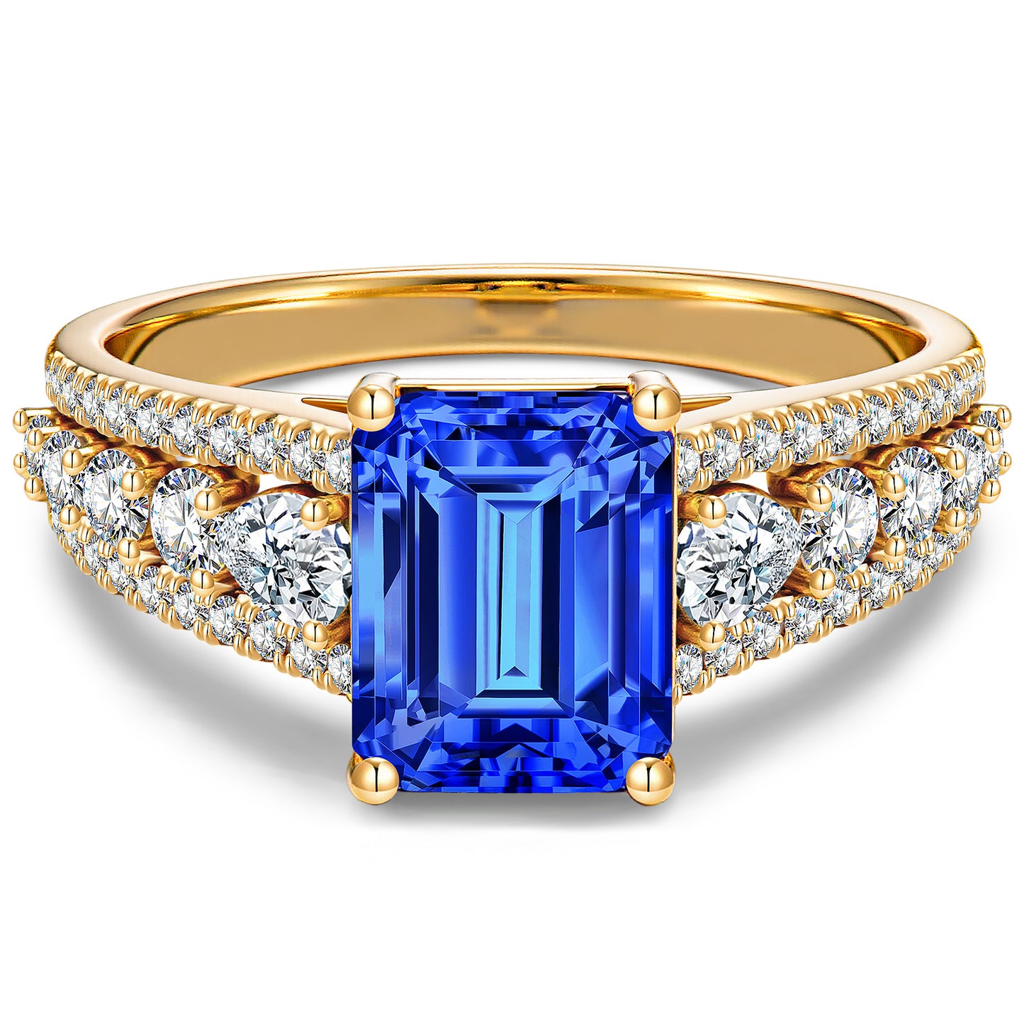 Lab-Grown Emerald-Cut Blue Sapphire - Pave Classic Engagement Ring 14K Yellow Gold Plated (Includes GRC Certification from International Gemological Institute)