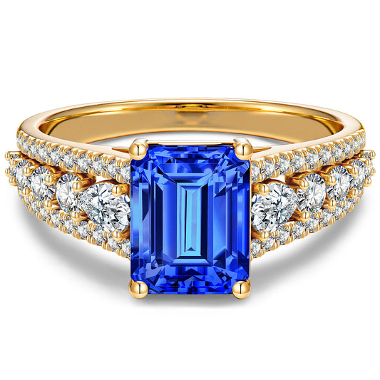 gon- Lab-Grown Emerald-Cut Blue Sapphire - Pave Classic Engagement Ring 14K Yellow Gold Plated (Includes GRC Certification from International Gemological Institute)