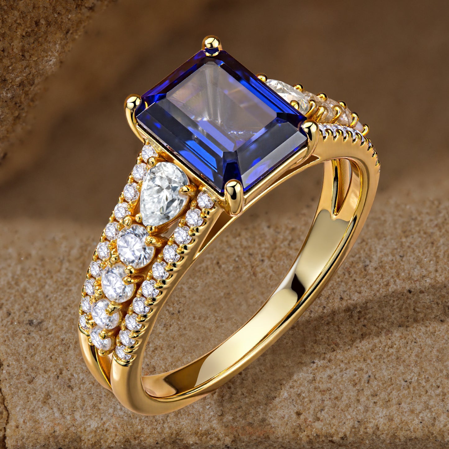 Lab-Grown Emerald-Cut Blue Sapphire - Pave Classic Engagement Ring 14K Yellow Gold Plated (Includes GRC Certification from International Gemological Institute)