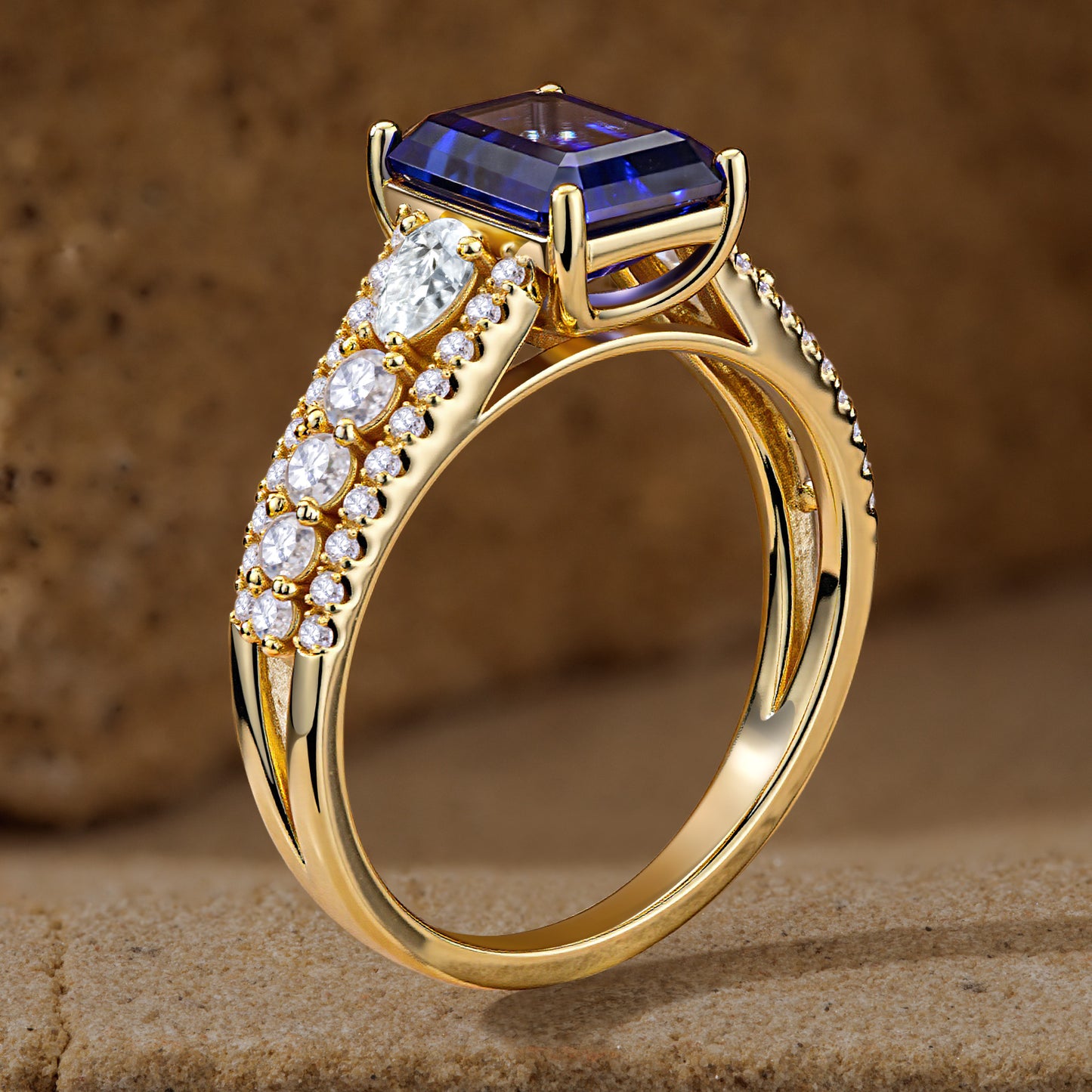 Lab-Grown Emerald-Cut Blue Sapphire - Pave Classic Engagement Ring 14K Yellow Gold Plated (Includes GRC Certification from International Gemological Institute)