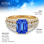 Emerald-Cut Royal Blue Hue Lab-Certified Blue Sapphire - Pave Classic Engagement Ring 14K Yellow Gold Plated (Includes GRC Certification from Gemstone Research Center)