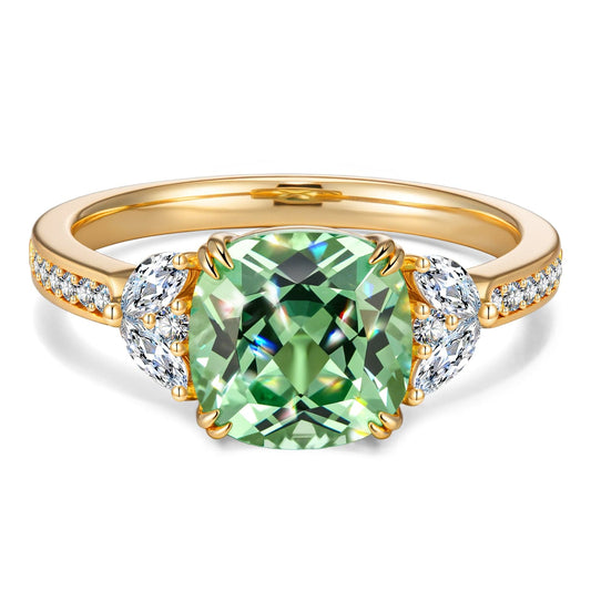 gona- Lab-Grown Cushion Cut Mint Green Sapphire - Pave Classic Engagement Ring 14K Yellow Gold Plated (Includes GRC Certification from Gemstone Research Center)