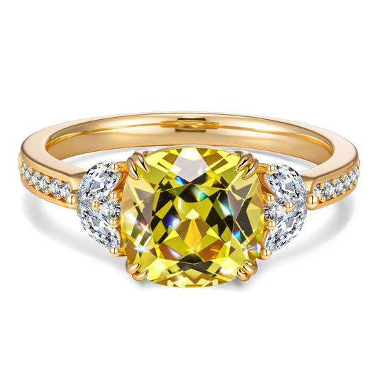 gona- Lab-Grown Cushion Cut Yellow Sapphire - Pave Classic Engagement Ring 14K Yellow Gold Plated (Includes GRC Certification from Gemstone Research Center)