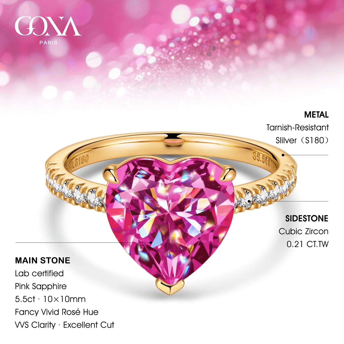 Heart Brilliant Cut Fancy Vivid Rose Hue Lab-Certified Pink Sapphire - Halo Classic Engagement Ring 14K Yellow Gold Plated (Includes GRC Certification from Gemstone Research Center)