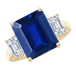 Emerald-Cut Royal Blue Hue Lab-Certified Blue Sapphire - Three Stone Classic Engagement Ring 14K Yellow Gold Plated (Includes GRC Certification from Gemstone Research Center)
