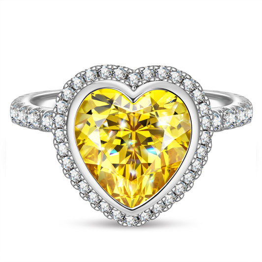 gona- 10*10mm Heart Brilliant Cut Fancy Vivid Yellow Lab-Certified Yellow Sapphire - Halo Classic Engagement Ring White Gold Plated (Includes GRC Certification from Gemstone Research Center)