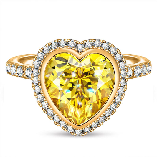 gona- 10*10mm Heart Brilliant Cut Fancy Vivid Yellow Lab-Certified Yellow Sapphire - Halo Classic Engagement Ring 14K Yellow Gold Plated (Includes GRC Certification from Gemstone Research Center)
