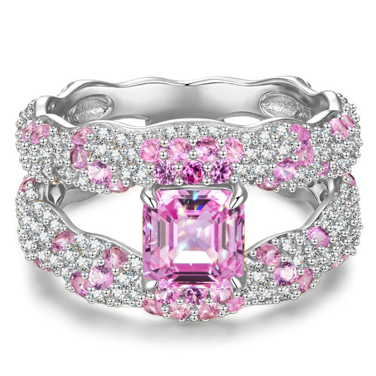 gona- Flash Sale: Solara Splendor Asscher Cut Fancy Vivid Rose Hue Lab-Certified Pink Sapphire - Pave Classic Engagement Ring White Gold Plated (Includes GRC Certification from Gemstone Research Center)