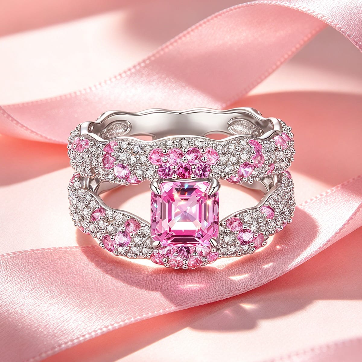 Flash Sale: Solara Splendor Asscher Cut Fancy Vivid Rose Hue Lab-Certified Pink Sapphire - Pave Classic Engagement Ring White Gold Plated (Includes GRC Certification from Gemstone Research Center)