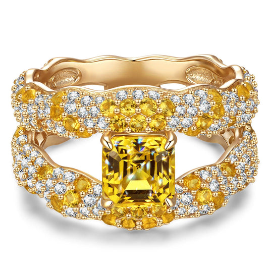 gona- Solara Splendor Asscher Cut Fancy Vivid Yellow Lab-Certified Yellow Sapphire - Pave Classic Engagement Ring 14K Yellow Gold Plated (Includes GRC Certification from Gemstone Research Center)