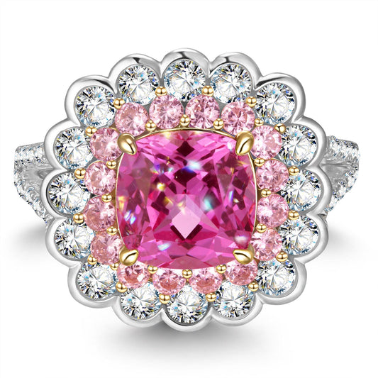 gona- Cushion Cut Fancy Vivid Rose Hue Lab-Certified Pink Sapphire - Halo Classic Engagement Ring Two-Tone Plating (Includes GRC Certification from Gemstone Research Center)