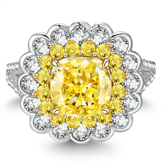 gona- Cushion Cut Fancy Vivid Yellow Lab-Certified Yellow Sapphire - Halo Classic Engagement Ring Two-Tone Plating (Includes GRC Certification from Gemstone Research Center)