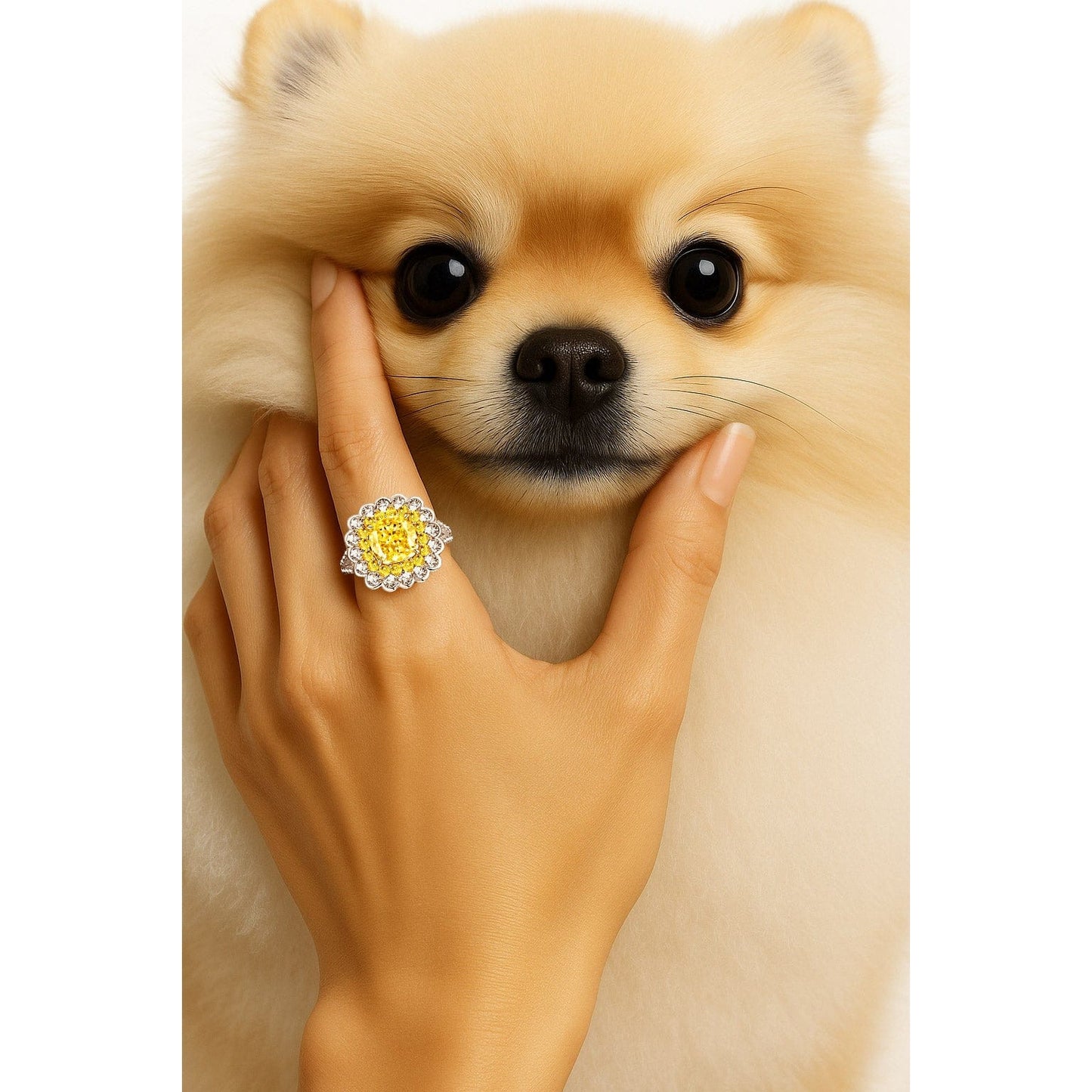 Cushion Cut Fancy Vivid Yellow Lab-Certified Yellow Sapphire - Halo Classic Engagement Ring Two-Tone Plating (Includes GRC Certification from Gemstone Research Center)